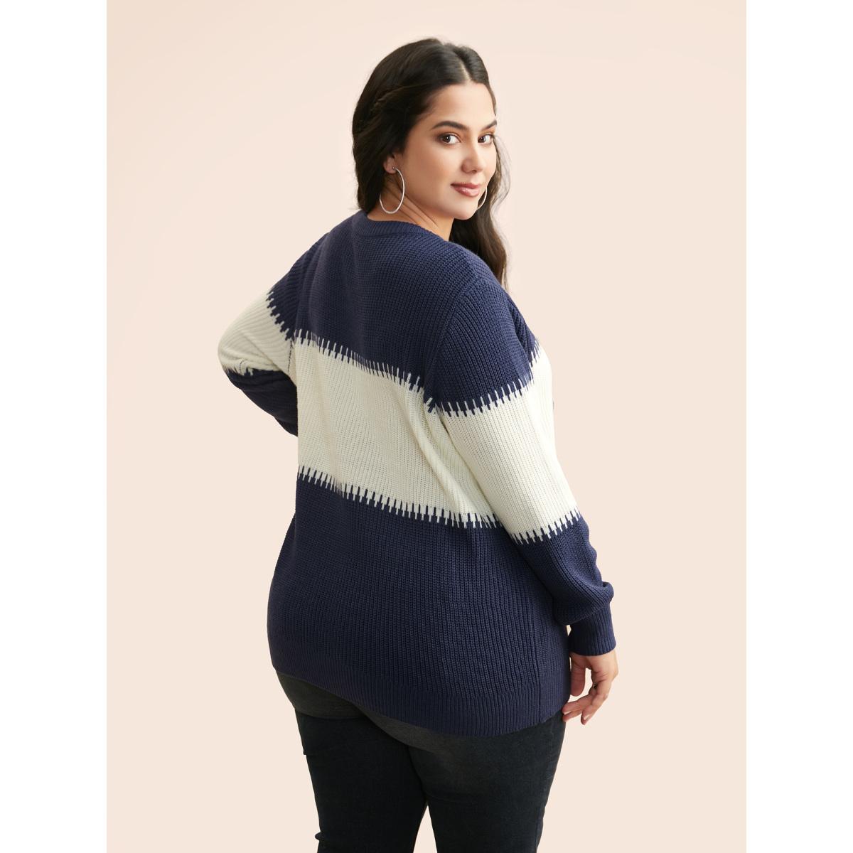 Plus Size Crew Neck Contrast Patchwork Pullover Indigo Women Leisure Loose Long Sleeve Round Neck Casual Pullovers BloomChic 12/L Product Image