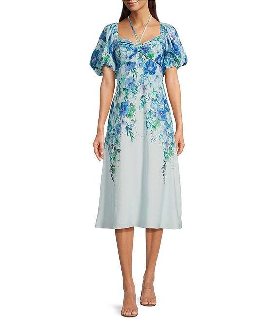 Alex Marie Monroe Pink Floral Short Puff Sleeve Sweetheart Halter Tie Neck A-Line Midi Dress Product Image