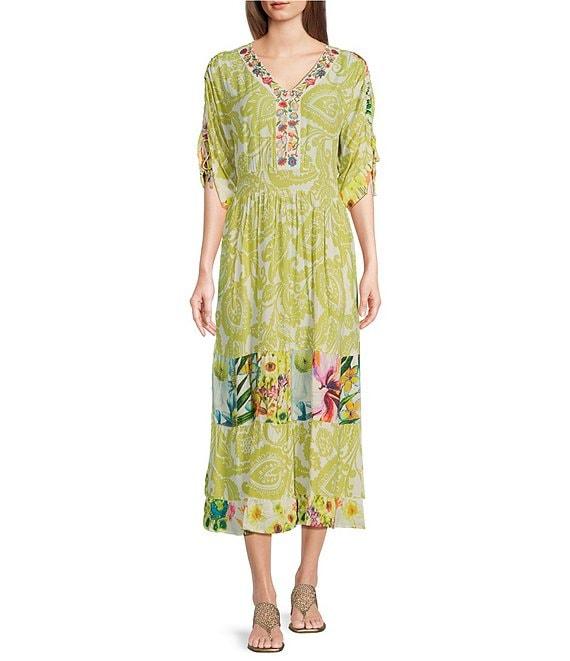 John Mark Tropical Printed Y-Neck Short Dolman Sleeve Embroidered Midi Dress Product Image