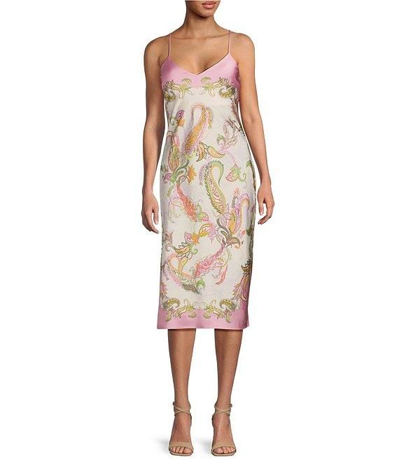 Gianni Bini Harper Satin Printed V-Neck Sleeveless Slip Midi Dress Product Image