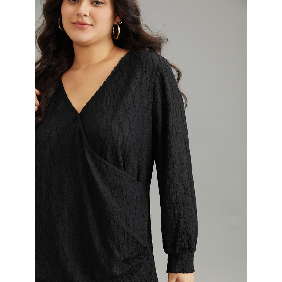 Plus Size Black Solid Jacquard Overlap Collar Crossover Blouse Women Casual Long Sleeve Overlap Collar Dailywear Blouses BloomChic 18-20/2X Product Image