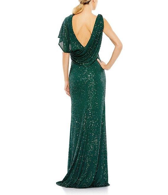 Mac Duggal Sequin Asymmetrical Drape Back V-Neck One Short Sleeve Gathered Side Gown Product Image