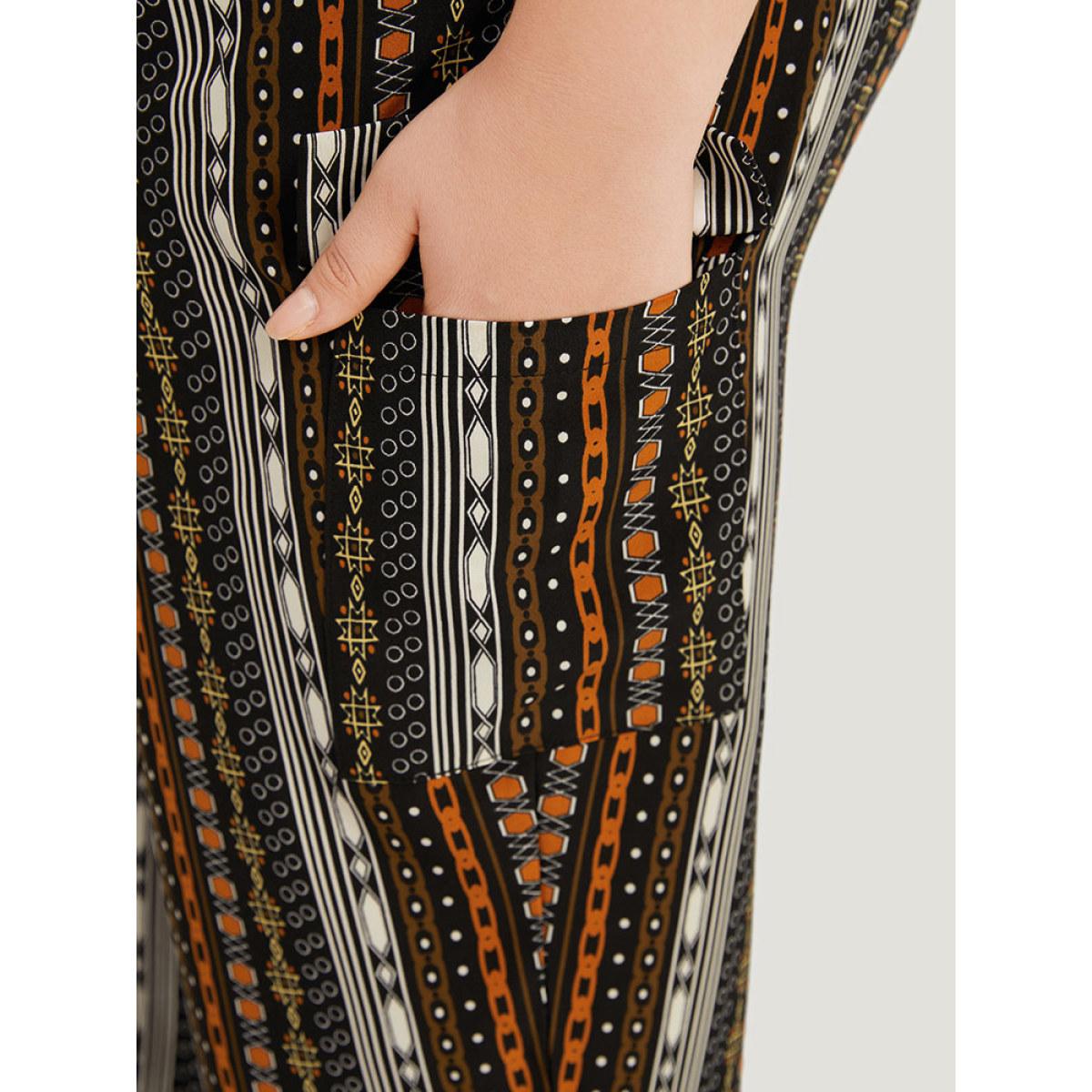 Plus Size Boho Print Pocket Drawstring Elastic Waist Pants Women Black Casual Straight Leg High Rise Dailywear Pants BloomChic 12/L Product Image