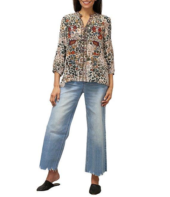 Karyn Seo Maria Floral Animal Print Embroidered Notch V-Neck 3/4 Sleeve Top Product Image