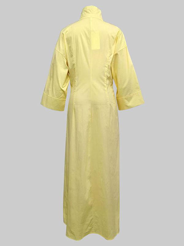 A-Line High Waisted Pleated Solid Color V-Neck Maxi Dresses Shirt Dress Product Image