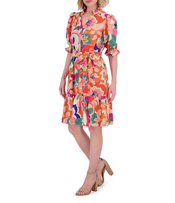 Eliza J Floral Print V Neck Short Puff Sleeve Waist Tie Belt A-Line Dress Product Image
