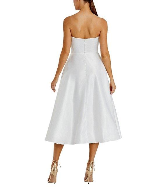 Mac Duggal Satin Placement Floral Print Strapless Neck Sleeveless A-Line Midi Dress Product Image