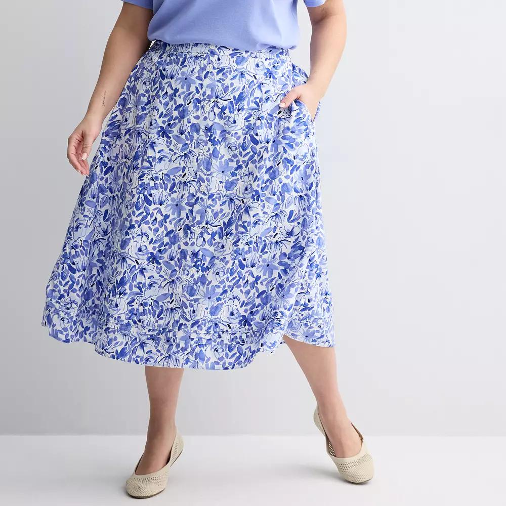 Plus Size Croft & Barrow® Button Front Midi Skirt, Women's, Size: 1XL, Blue Posy Floral Product Image