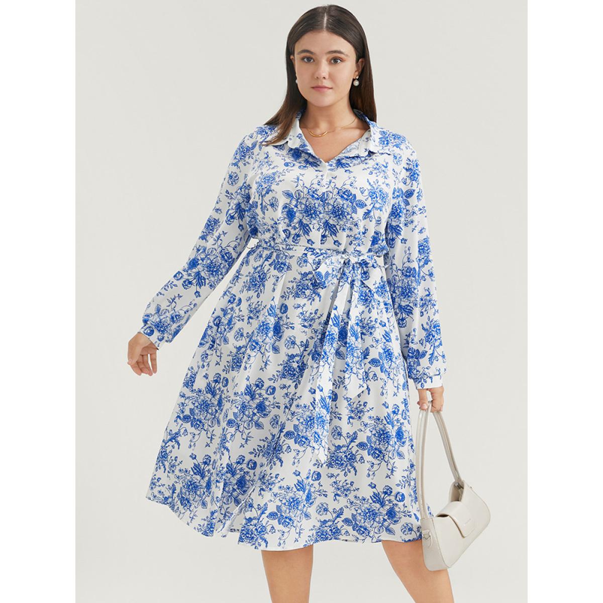 Plus Size Floral Button Up Pocket Belted Lapel Collar Dress WhiteSmoke Women Office Belted Lapel Collar Long Sleeve Curvy Knee Dress BloomChic 22-24/3X Product Image