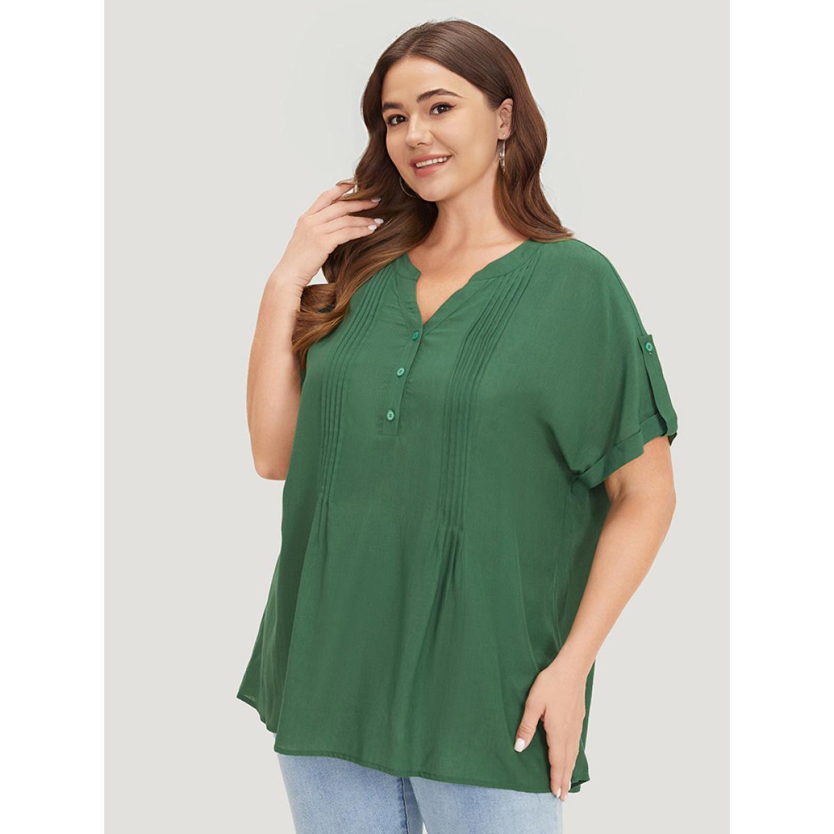 Plus Size ArmyGreen Solid Cuffed Sleeve Pleated Notched Blouse Women Elegant Short sleeve Notched collar Dailywear Blouses BloomChic 14-16/1X Product Image