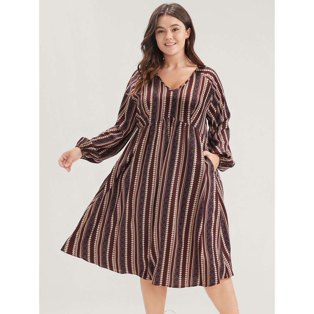 Plus Size Striped V Neck Lantern Sleeve Pocket Knee Dress Burgundy Women Vacation Pocket V-neck Long Sleeve Curvy Knee Dress BloomChic 26/4X Product Image