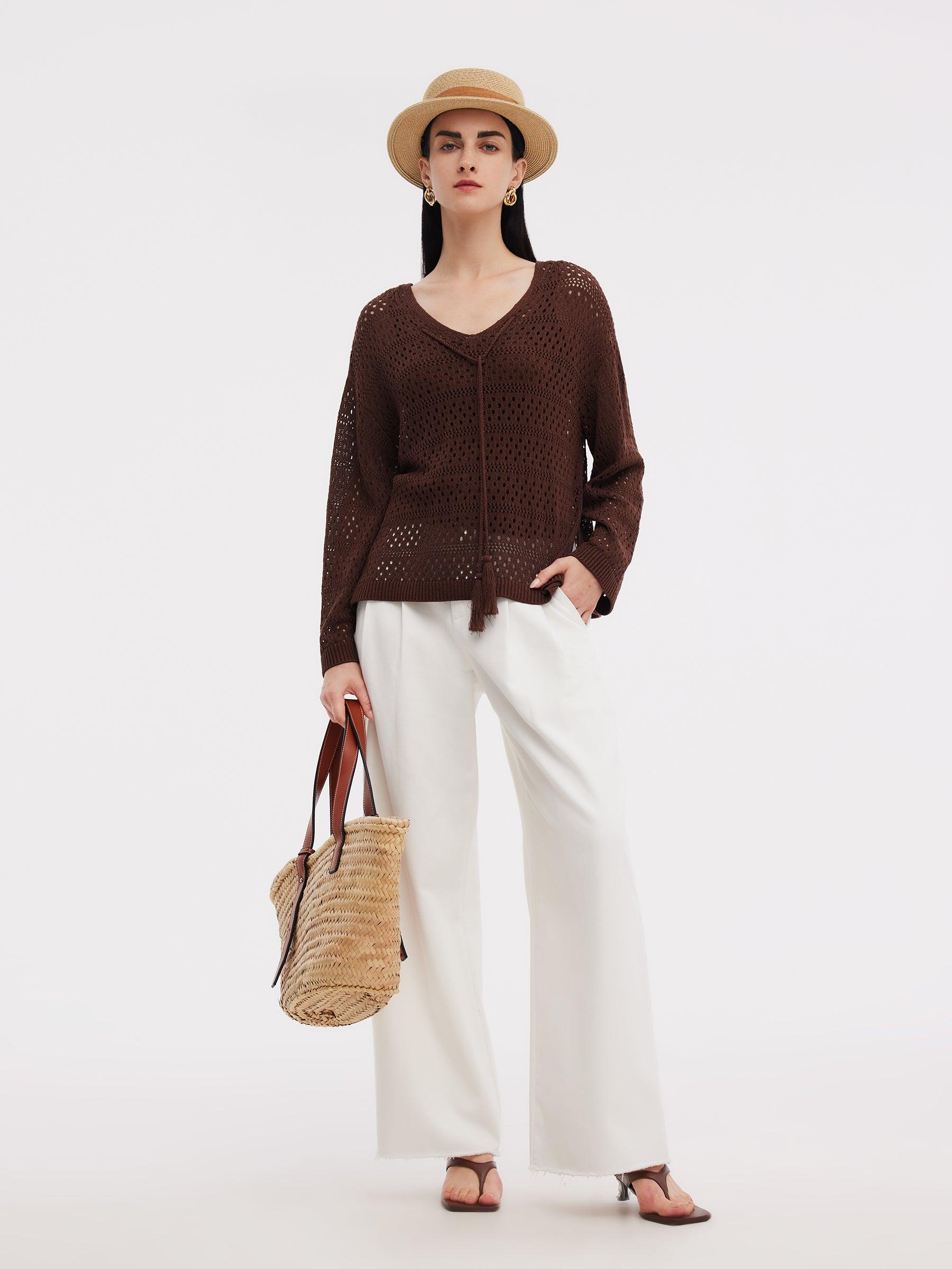 Linen Blend Openwork Pullover And Knit Tank Two-Piece Set Product Image