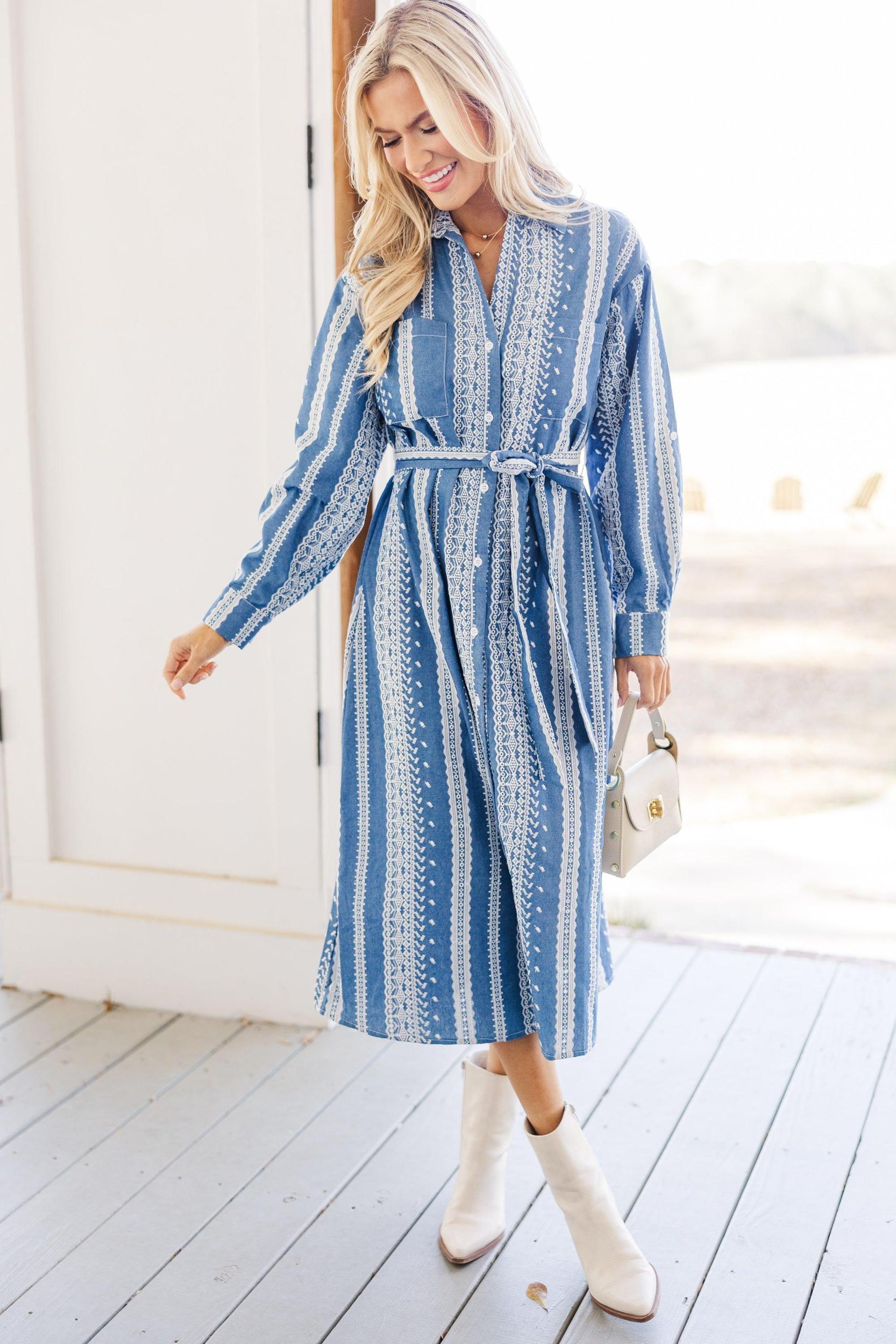 Feeling Confident Blue Embroidered Midi Dress Female Product Image