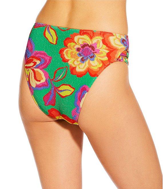 GB Bright Bloom Green Scrunchie Textured Wide Shoulder Longline Bralette Swim Top Product Image