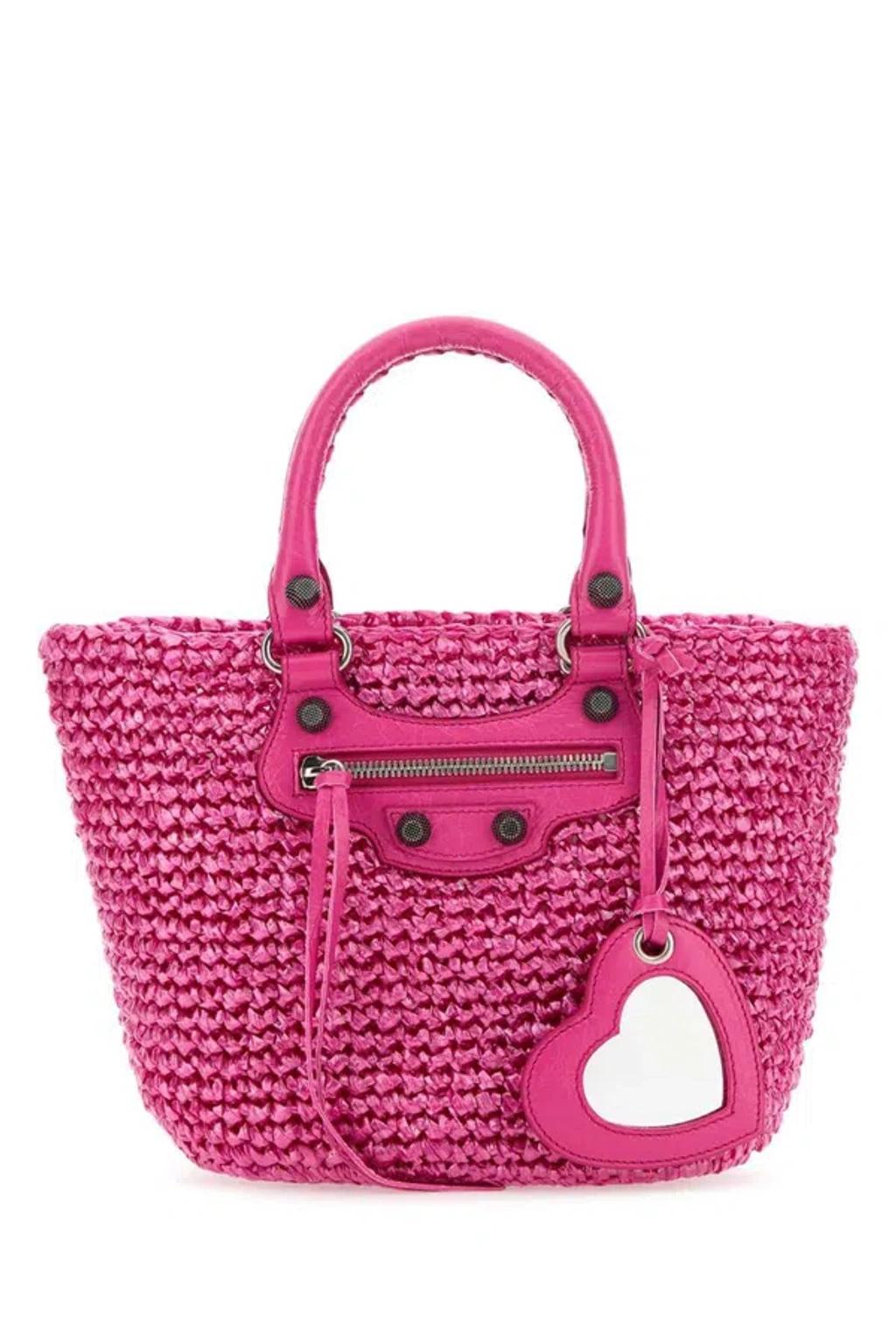 BALENCIAGA Women Fuchsia Raffia Small Le Cagole Panier Handbag In Pink Product Image