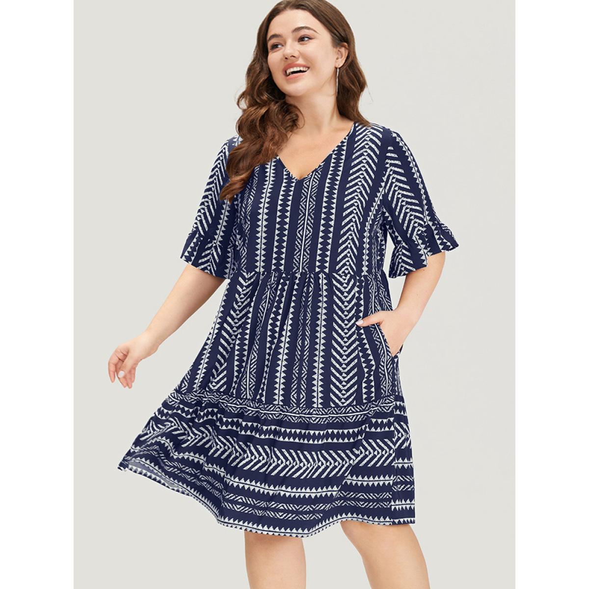 Plus Size Striped Geo Patchwork Pocket Bell Sleeve Dress DarkBlue Women Vacation Patchwork V-neck Short sleeve Curvy Knee Dress BloomChic 22-24/3X Product Image
