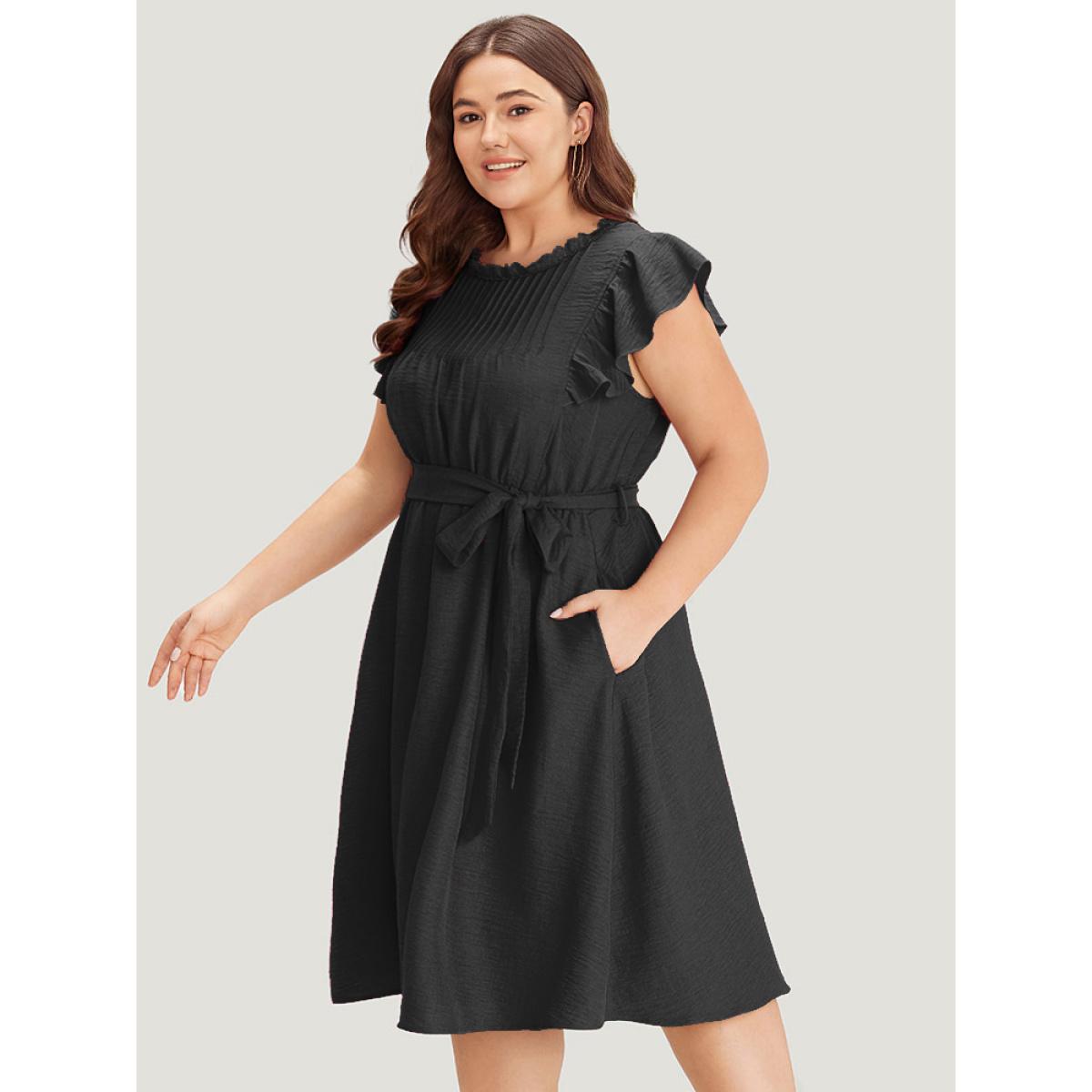 Plus Size Solid Pocket Lace Insert Pleated Flutter Sleeve Dress Black Women Office Gathered Round Neck Sleeveless Curvy Knee Dress BloomChic 26/4X Product Image