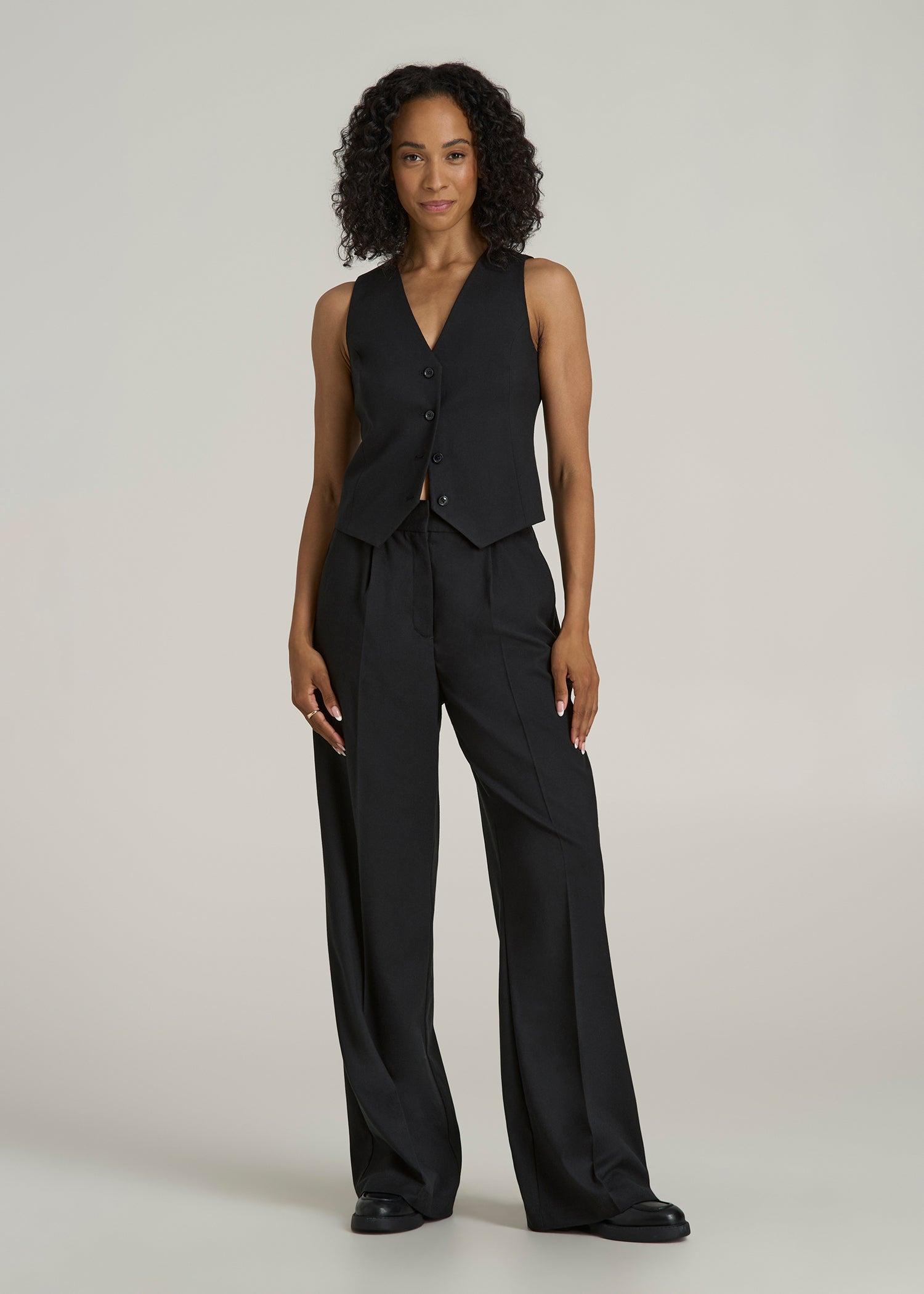 High-Rise Wide-Leg Pleated Dress Pants for Tall Women in Black Female Product Image