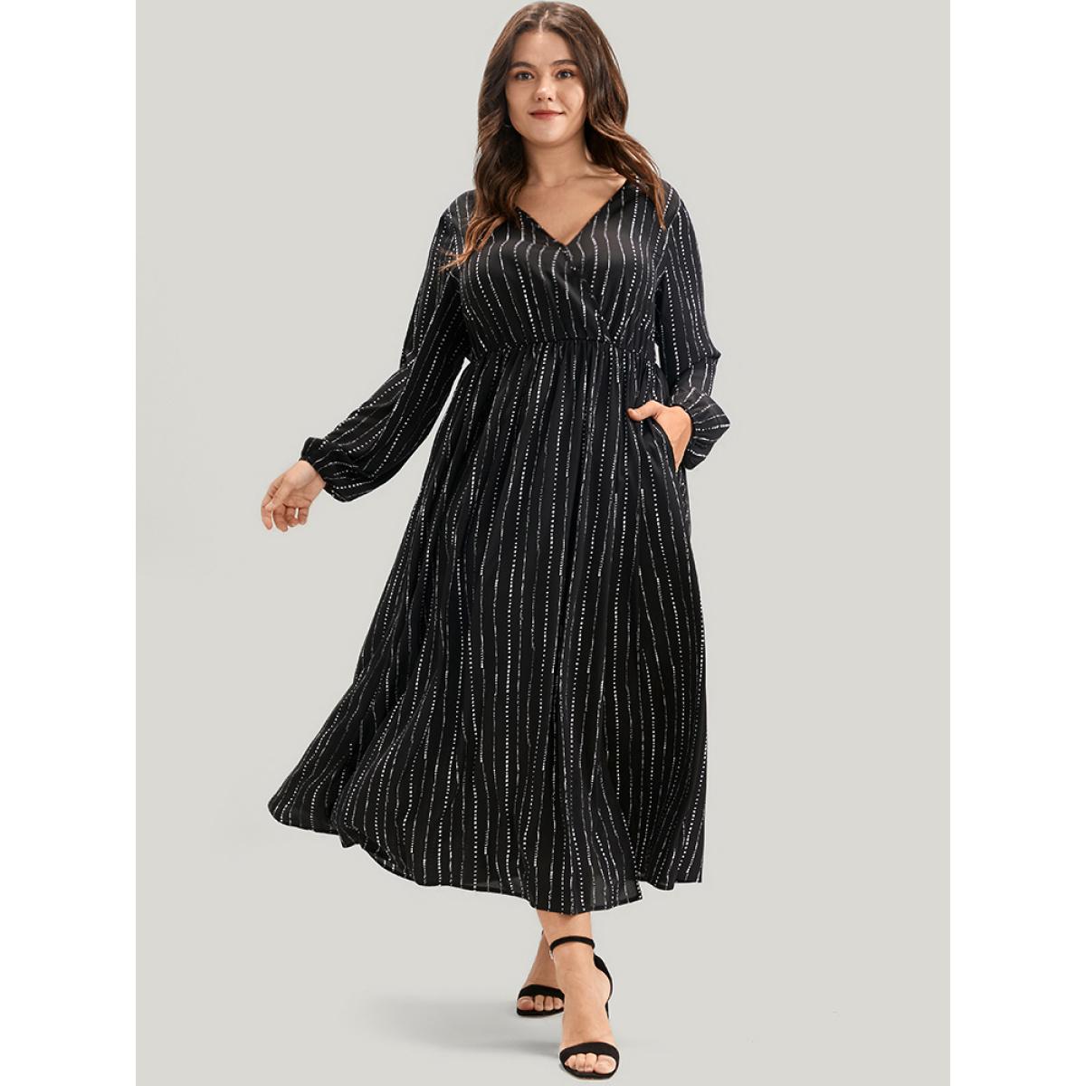 Plus Size Striped Lantern Sleeve Pocket Split Wrap Midi Dress Black Women Elegant Pocket V-neck Long Sleeve Curvy Midi Dress BloomChic 10/M Product Image