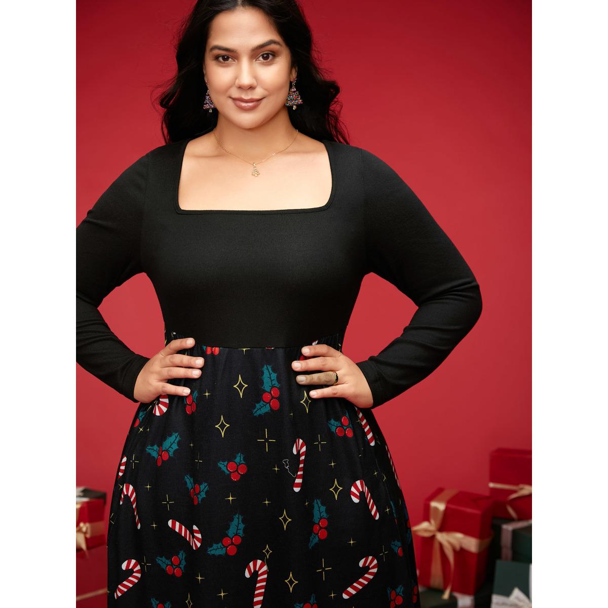 Plus Size Festive Knit Printed Skirt Midi Dress Black Women Elegant Patchwork Party Curvy Bloomchic 14-16/1X Product Image