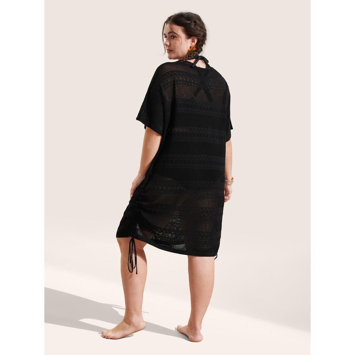 Plus Size Deep V Neck Cut Out Drawstring Swim Cover Up Women's Swimwear Black Resort Loose Cut-Out Curve Swim Cover Ups BloomChic 22-24/3X Product Image