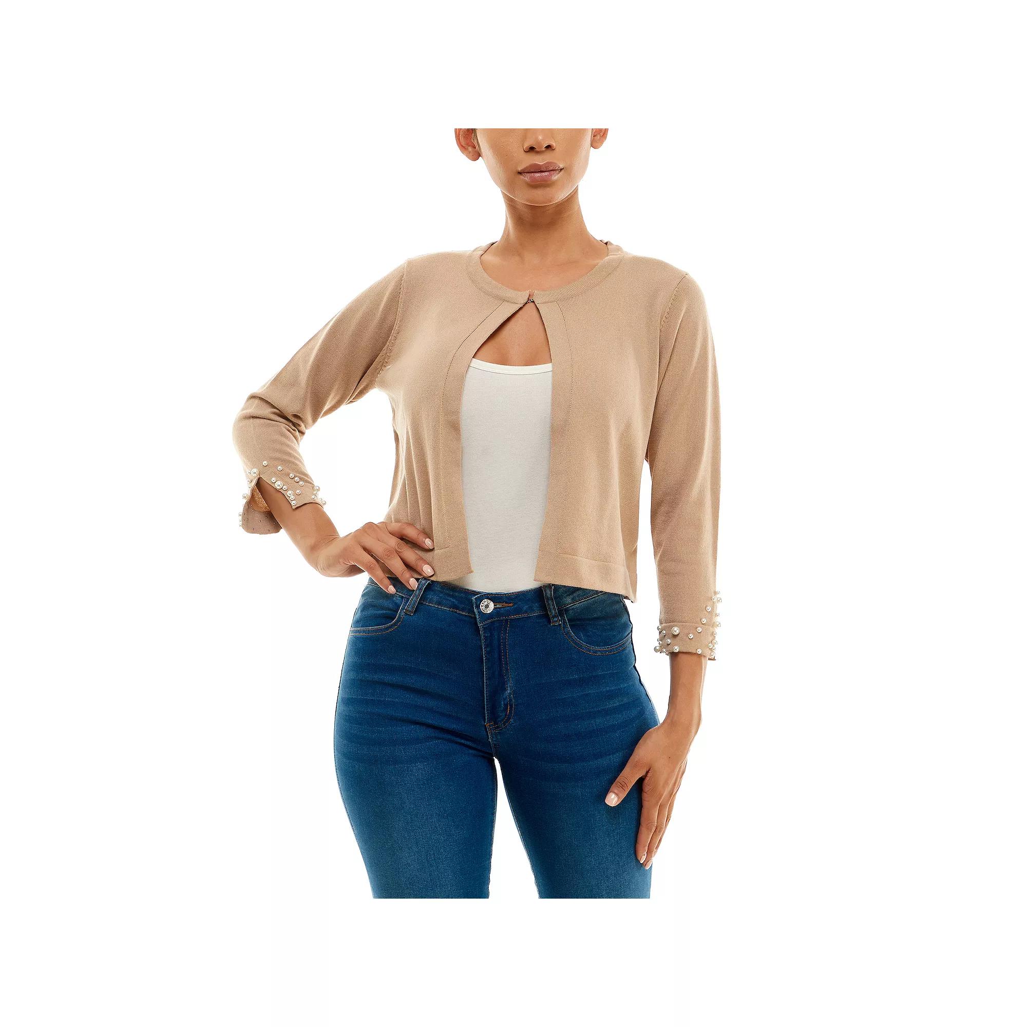 Women's Nina Leonard Simulated-Pearl Trim Bolero, Size: Medium Product Image