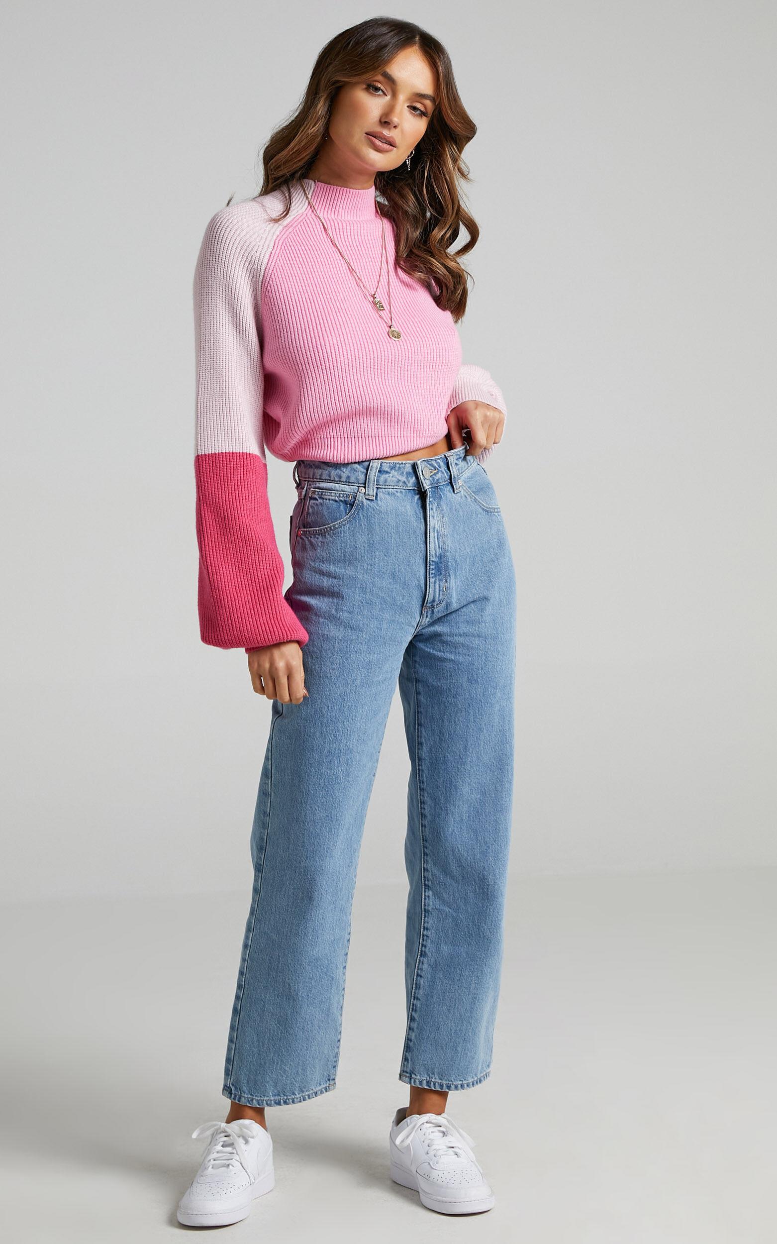Kensley Jumper - Colour Block Turtleneck Balloon Sleeve Knit Jumper in Pink Product Image