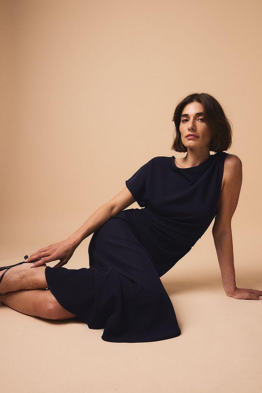 Woven One Sleeve Draped Detail Asymmetric Dress Product Image