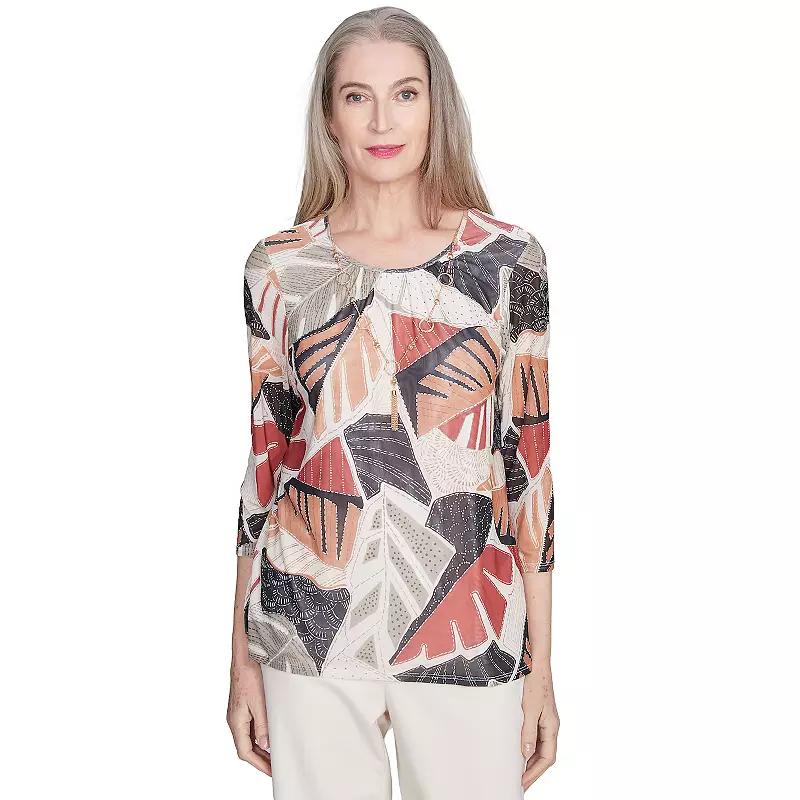 Alfred Dunner Petite Tropical Mesh Top with Necklace, Women's,  Product Image