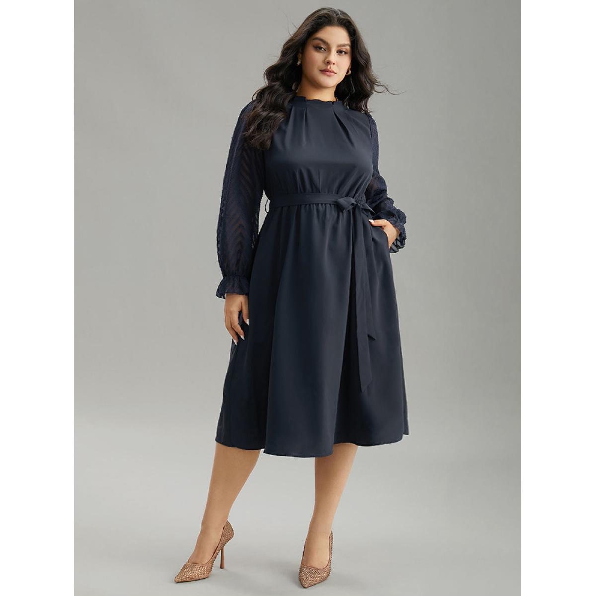 Plus Size Twill Mesh Patchwork Belted Plicated Detail Dress DarkBlue Women Elegant Texture Mock Neck Long Sleeve Curvy Midi Dress BloomChic 22-24/3X Product Image