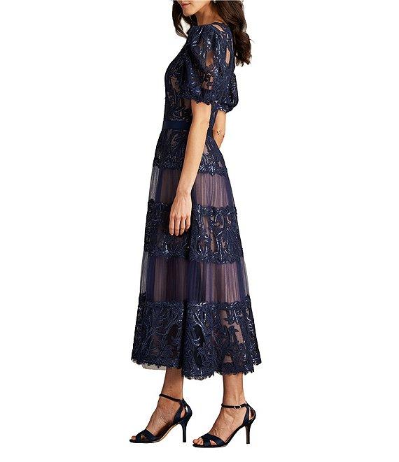 Tadashi Shoji Lace V-Neck Short Puff Sleeve Tiered A-Line Midi Dress Product Image