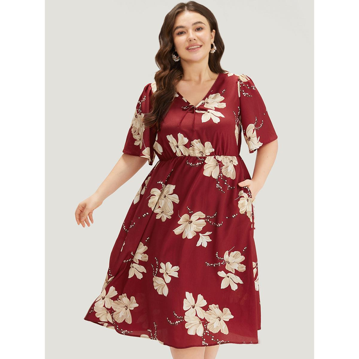 Plus Size Floral Print Knot Neck Pocket Ruffle Dress Burgundy Women Elegant Cross straps Tie Neck Short sleeve Curvy Midi Dress BloomChic 26/4X Product Image