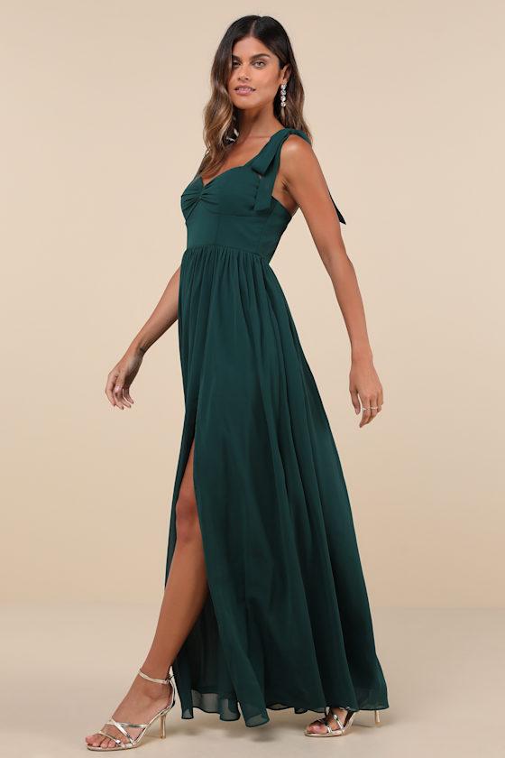 Radiant Charisma Emerald Chiffon Ruched Tie-Strap Maxi Dress Product Image