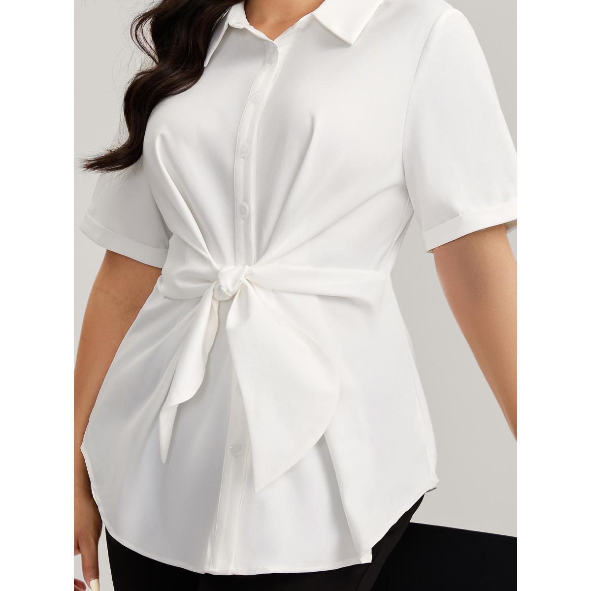 Plus Size Originalwhite Knotted Front Asymmetrical Hem Blouse Women Office Short sleeve Shirt collar Office Blouses BloomChic 12/L Product Image