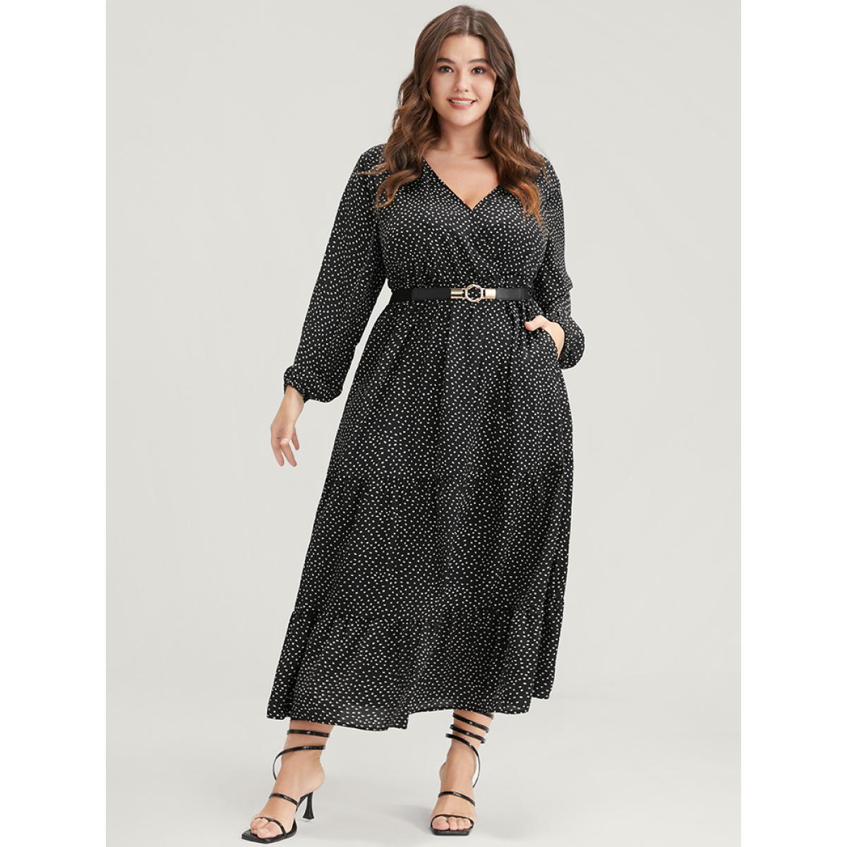 Plus Size Polka Dot Pocket Wrap Ruffles Tiered Dress Without Belt Black Women Elegant Elastic Waist V-neck Long Sleeve Curvy Long Dress BloomChic 12/L Product Image