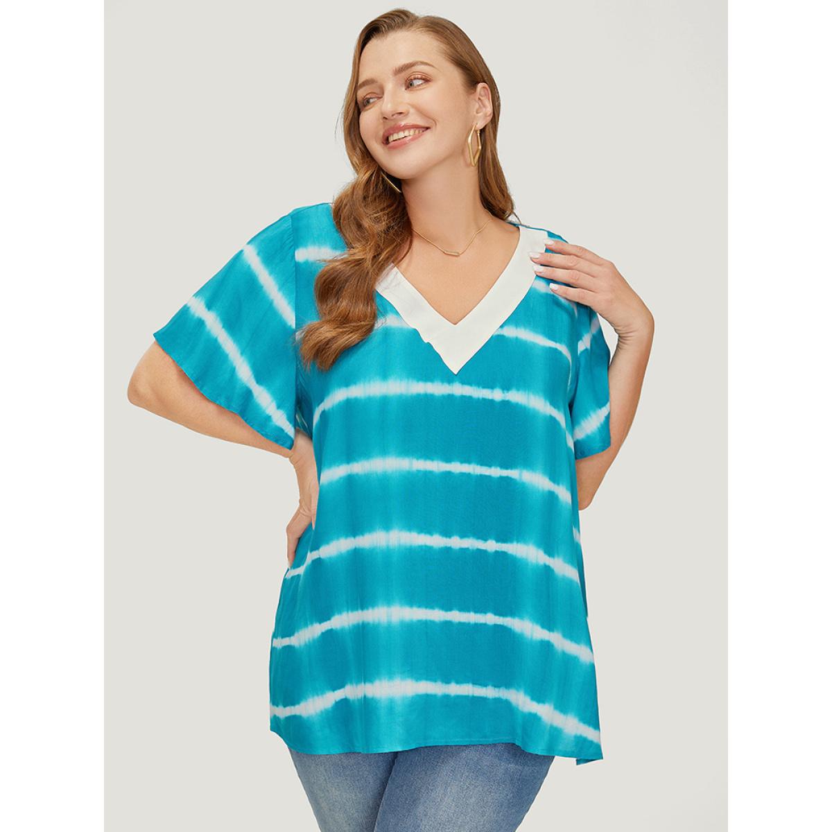 Plus Size Cerulean Tie Dye Contrast Trim Striped Blouse Women Vacation Short sleeve V-neck Dailywear Blouses BloomChic 22-24/3X Product Image