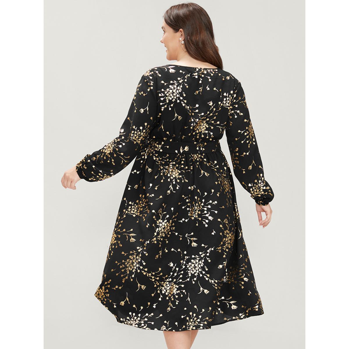 Plus Size Floral Pocket Lantern Sleeve Belted Surplice Neck Dress Black Women Party Belted V-neck Long Sleeve Curvy Midi Dress BloomChic 28/5X Product Image