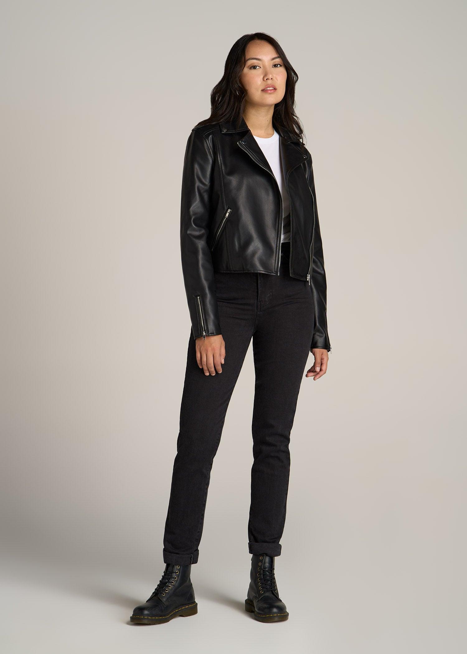 Cropped True Touch Leather Moto Jacket for Tall Women in Black Female Product Image
