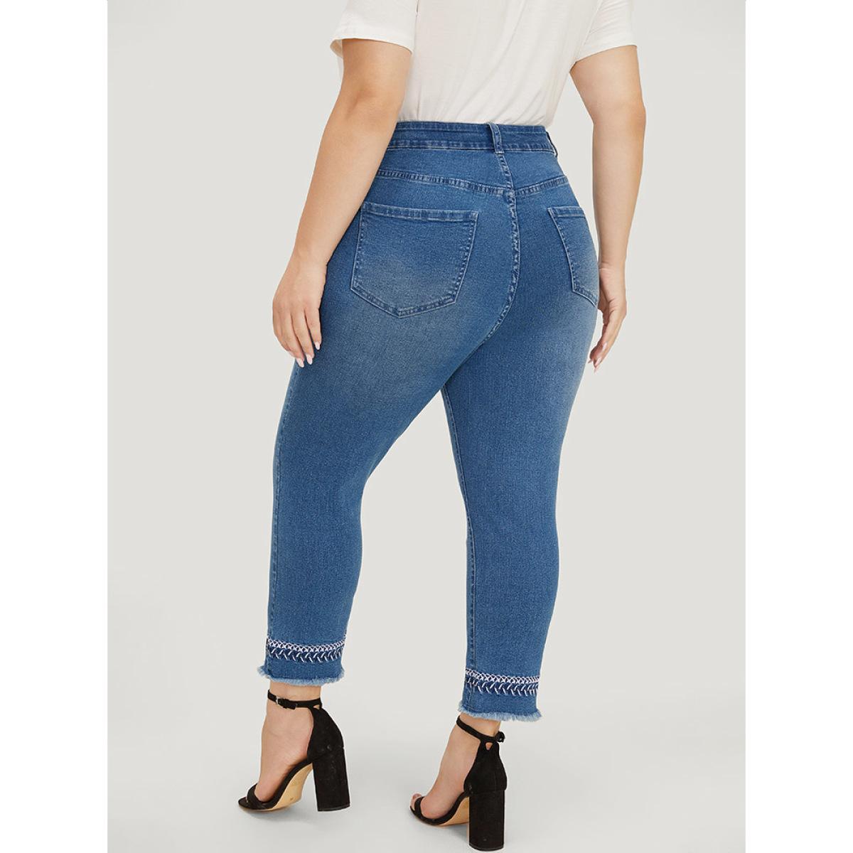 Plus Size Very Stretchy Medium Wash Embroidered Raw Hem Jeans Women Blue Elegant Plain Embroidered High stretch Pocket Jeans BloomChic 12/L Product Image