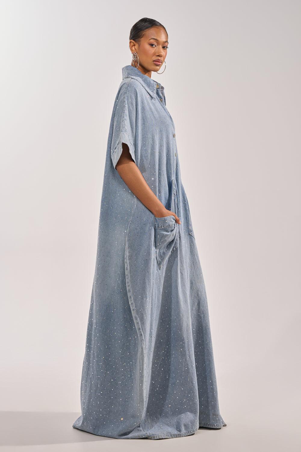 GINA DENIM RHINESTONE JUMPSUIT Product Image