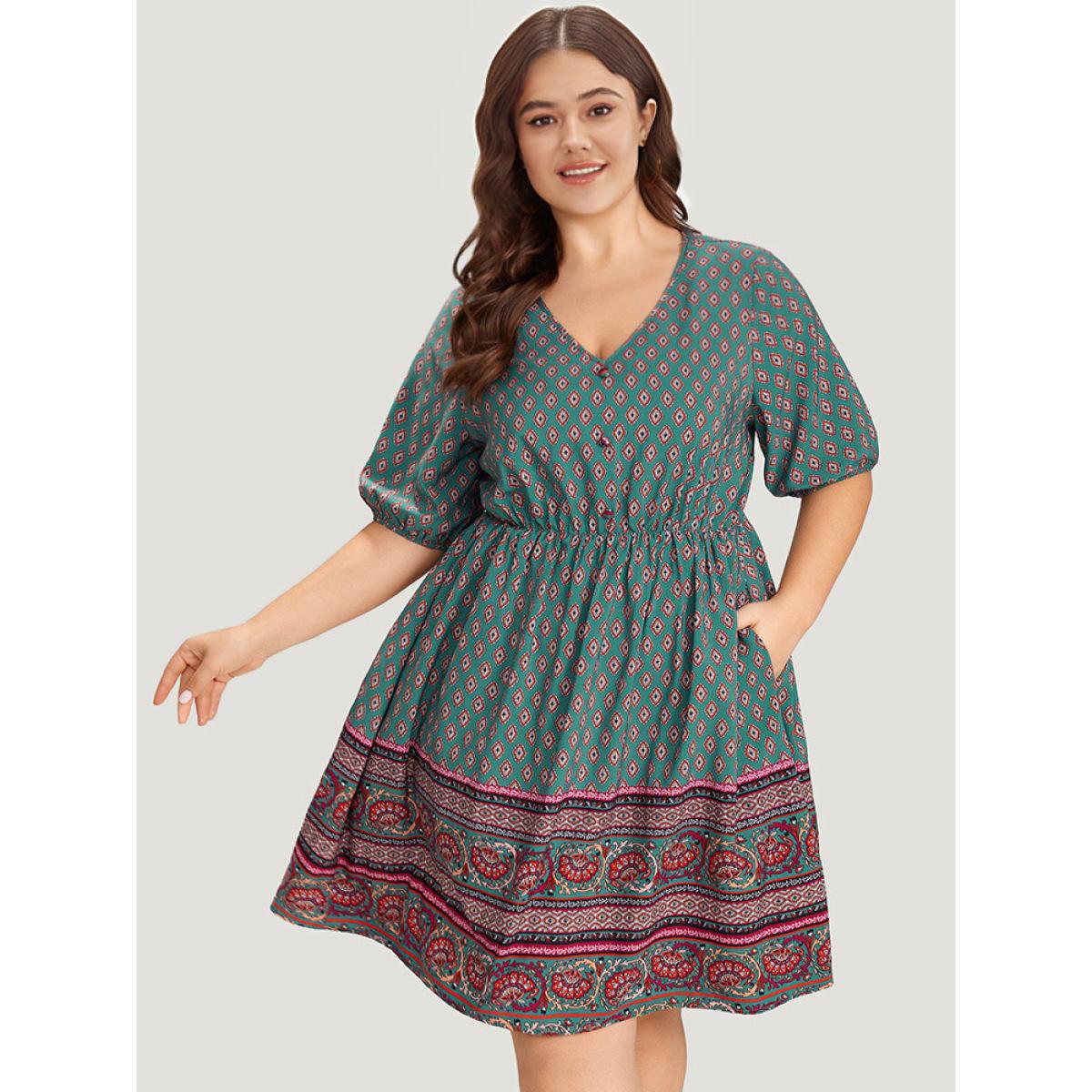 Plus Size Boho Print V Neck Pocket Lantern Sleeve Dress Teal Women Vacation Patchwork V-neck Half Sleeve Curvy Knee Dress BloomChic 30/6X Product Image