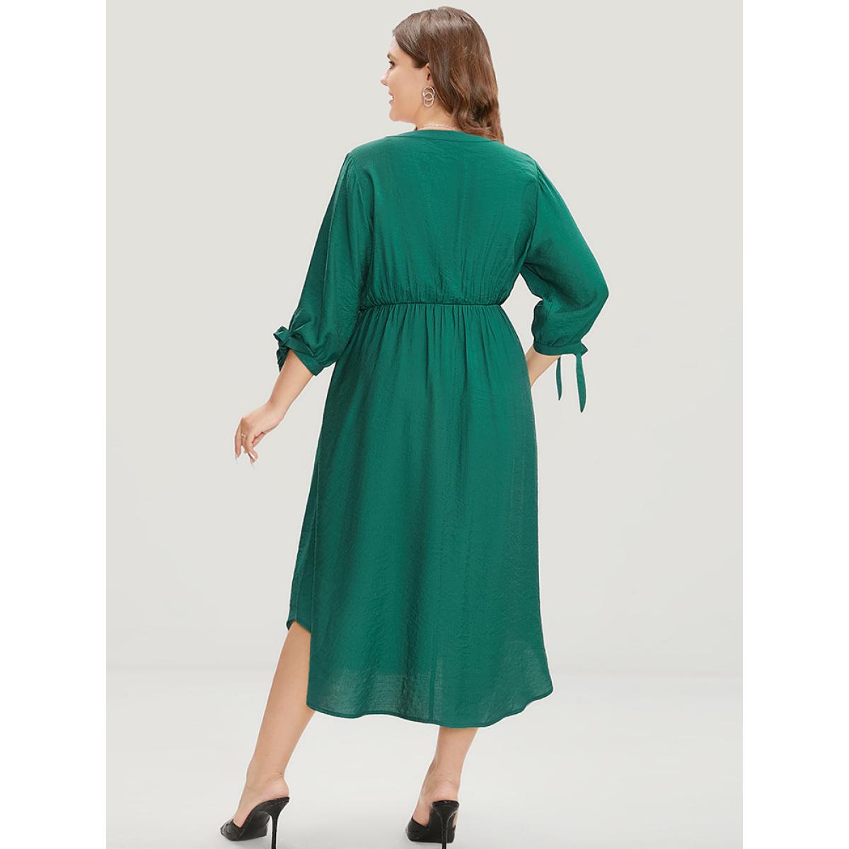 Plus Size Solid Pocket Knot Sleeve Half Zipper Arc Hem Dress DarkGreen Women Office Cross straps V-neck Elbow-length sleeve Curvy Midi Dress BloomChic 28/5X Product Image