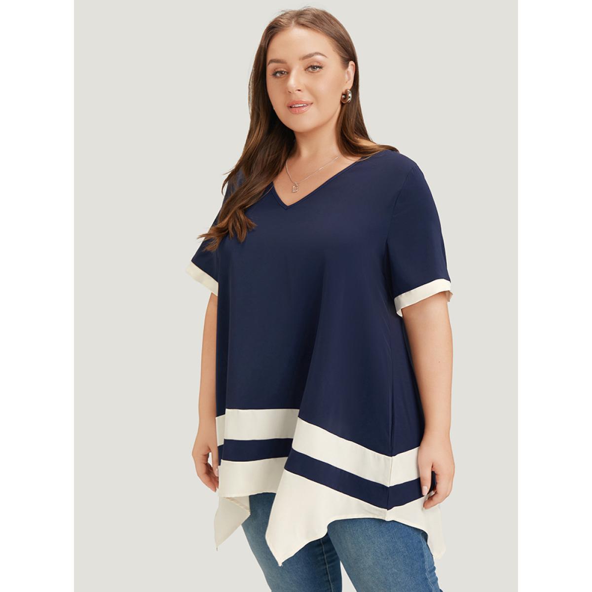 Plus Size Midnight Anti-Wrinkle Two Tone Hanky Hem Blouse Women Office Short sleeve V-neck Work Blouses BloomChic 10/M Product Image
