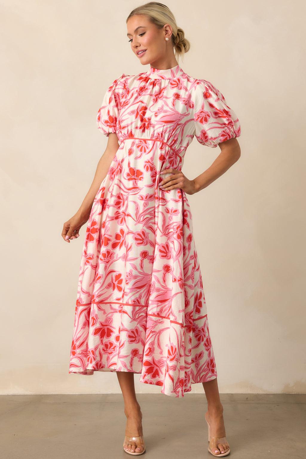 Blooming Season Pink Floral Puff Sleeve Midi Dress Product Image