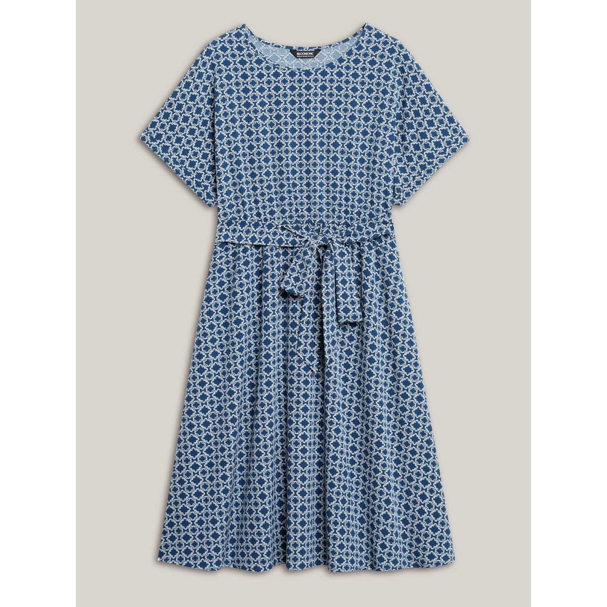 Plus Size Geometric Print Belted Pockets Midi Dress Mediumblue Women Round Neck Short sleeve Curvy BloomChic 26/4X Product Image
