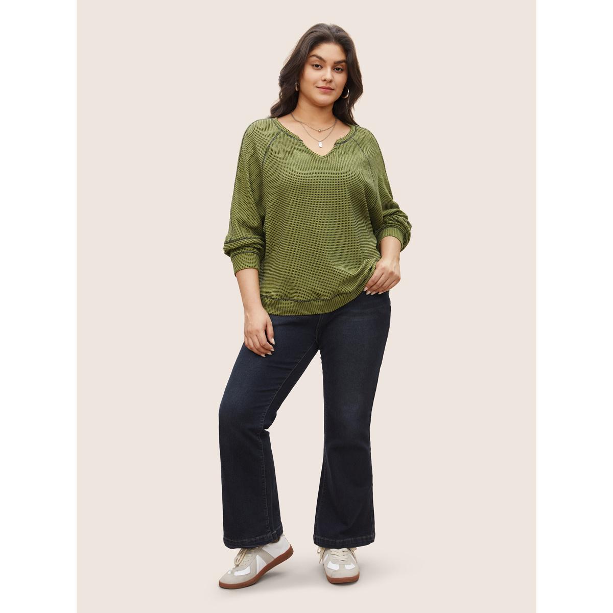 Plus Size Waffle Knit Notched Contrast Stitch Patchwork Sweatshirt Women ArmyGreen Casual Topstitching Notched collar Everyday Sweatshirts BloomChic 22-24/3X Product Image