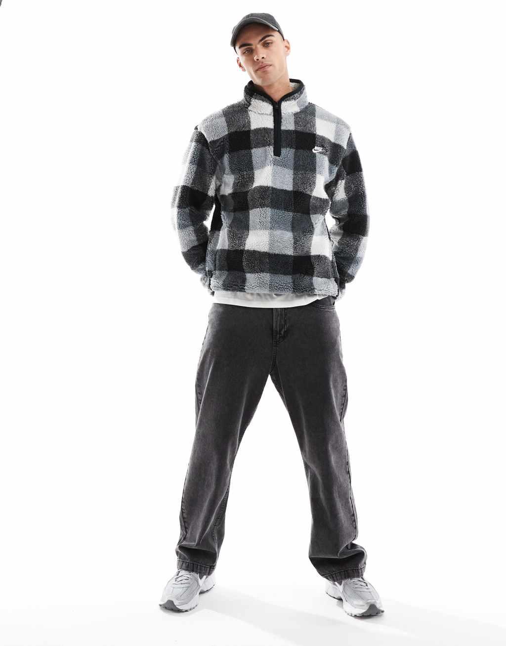 Nike Club winterized checked fleece in black and white Product Image