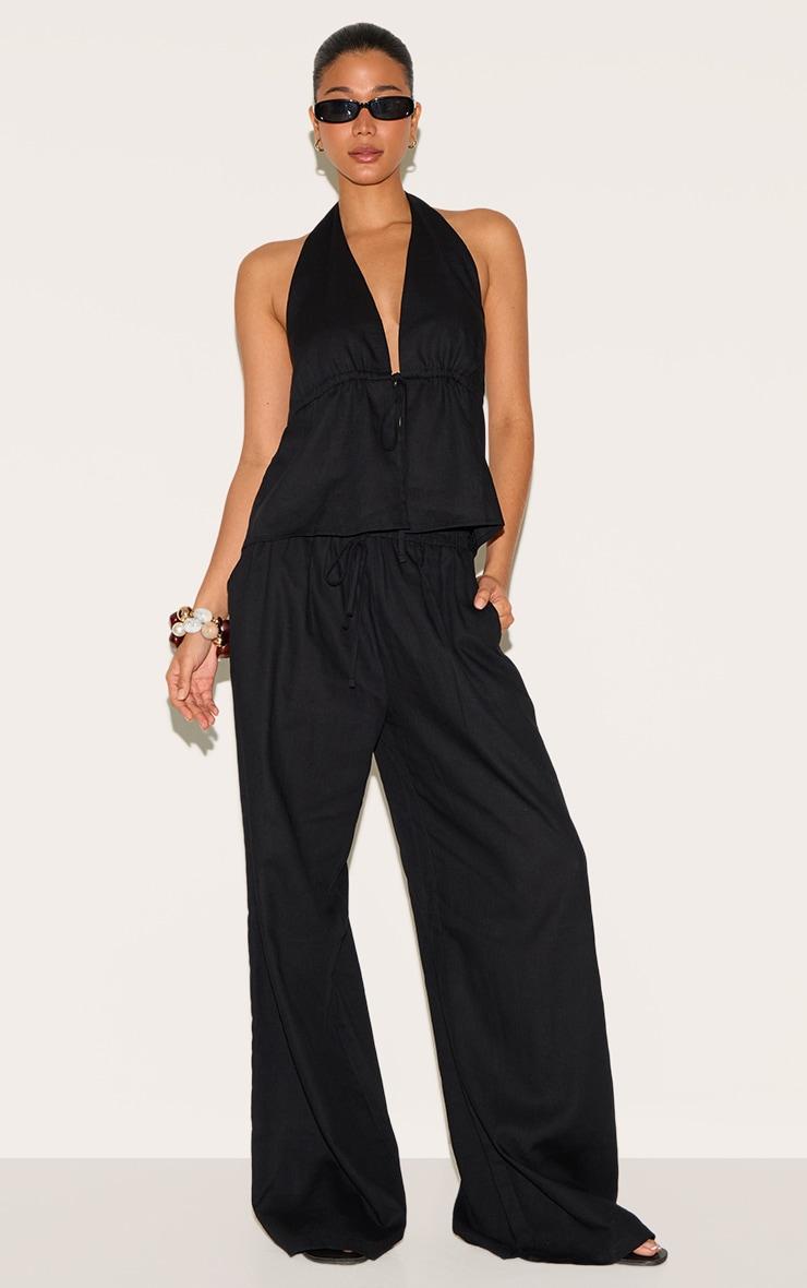 Black Linen Look Tie Waist Longline Top Product Image