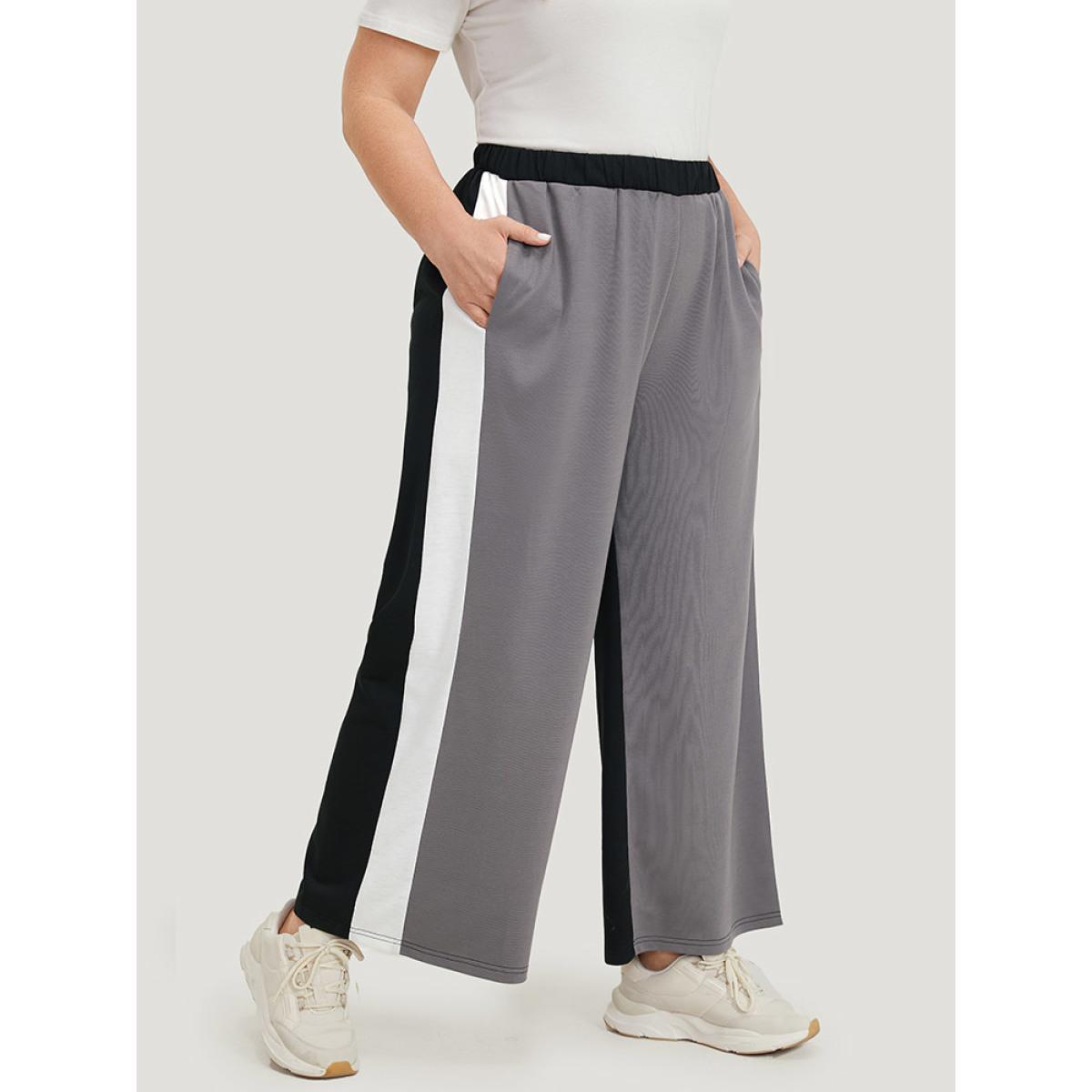 Contrast Patchwork Pocket High Rise Sweatpants Black Plus Size Women Casual Dailywear Contrast 18-20/2X Bloomchic Product Image