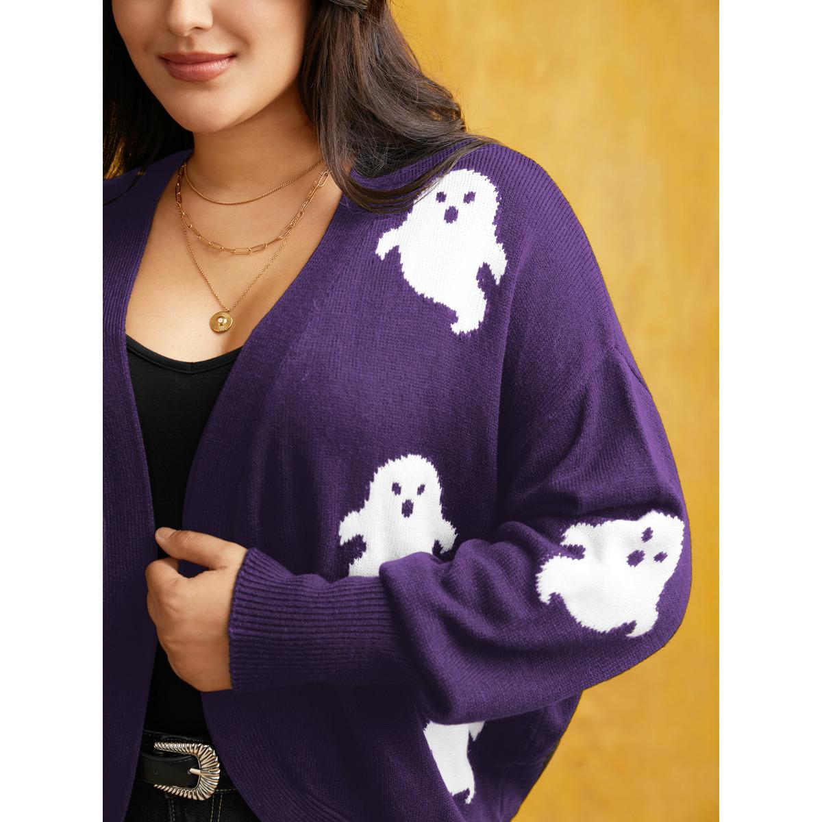 Plus Size Happy Ghost Jacquard Arc Cardigan Eggplant Women Playful Loose Long Sleeve Casual Cardigans BloomChic 14-16/1X Product Image